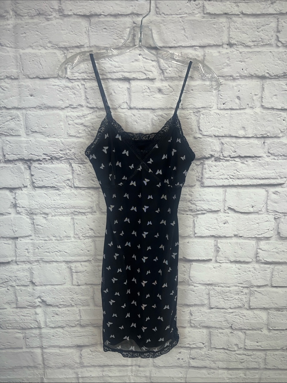 Y2K Whimsigoth Black Butterfly Print Mesh Lace Slip Dress Size XS